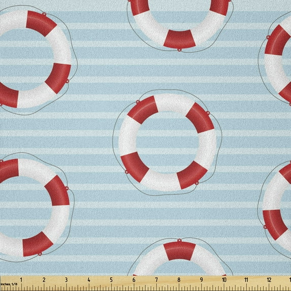 Ambesonne Aqua Blue Fabric by the Yard Microfiber, Stripes Circle Nautical, 10 Yards, Pale Blue White Red