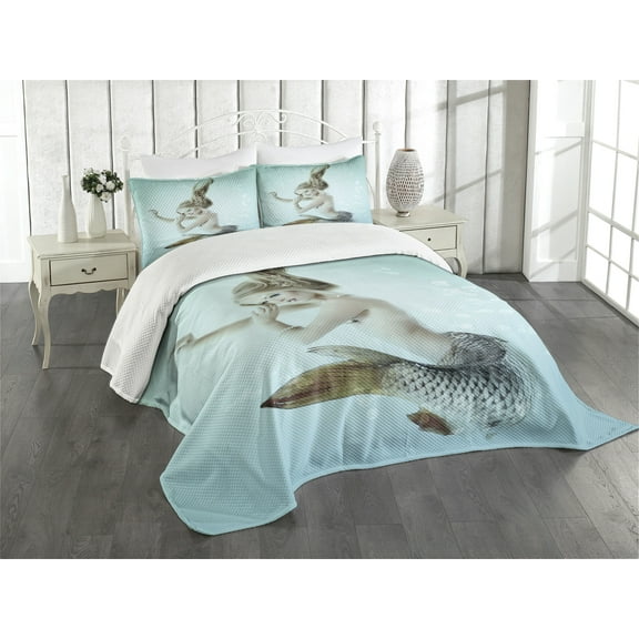 Ambesonne Aqua Blue Quilted Bedspread Set 3 Pcs, Mythologic Mermaid, Queen Size, Seafoam Beige and Brown