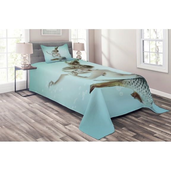 Ambesonne Aqua Blue Quilted Coverlet 2 Pcs, Mythologic Mermaid, Twin Size, Seafoam Beige and Brown