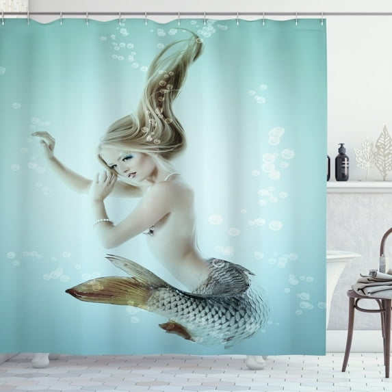 Ambesonne Aqua Blue Shower Curtain, Mythologic Mermaid, 69"Wx75"L, Seafoam Beige and Brown