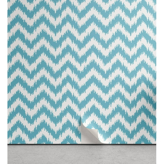 Ambesonne Aqua Chevron Peel & Stick Wallpaper for Home, Grungy Design Zigzags, 13"x100", Sea Blue and White