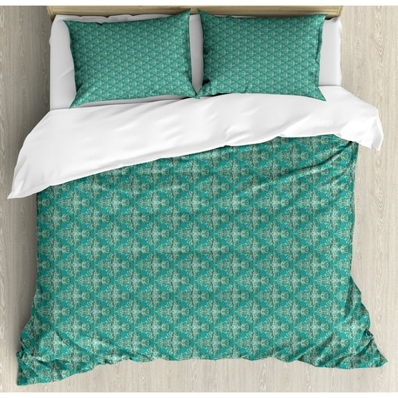 Ambesonne Aqua Damask Duvet Cover Sets, Oriental Paisley Art, 2-King, Dark Seafoam Cadet Blue