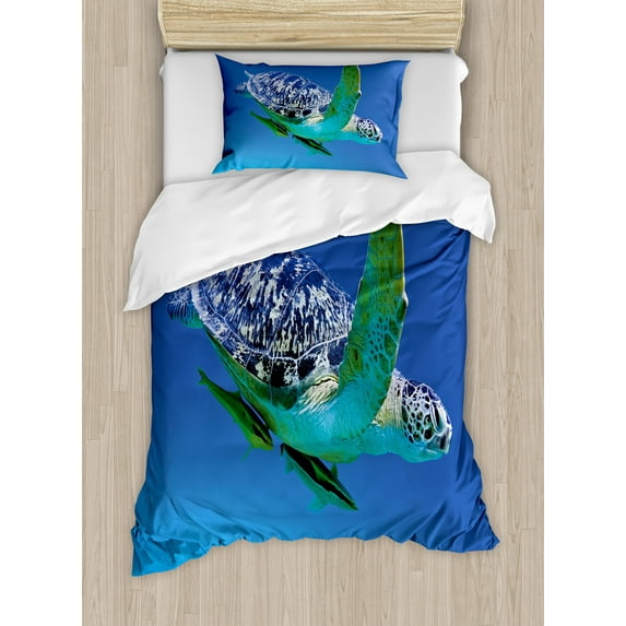 Ambesonne Aqua Duvet Cover Sets, Tropics Turtle Aquarium, 2-Twin, Violet Blue Fern Green