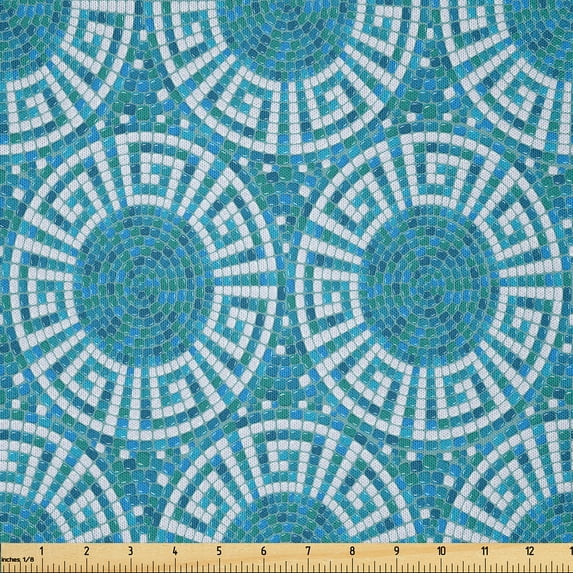 Ambesonne Aqua Fabric by the Yard Microfiber, Greek Meander Mosaic Tile, 1 Yard, Blue Green White