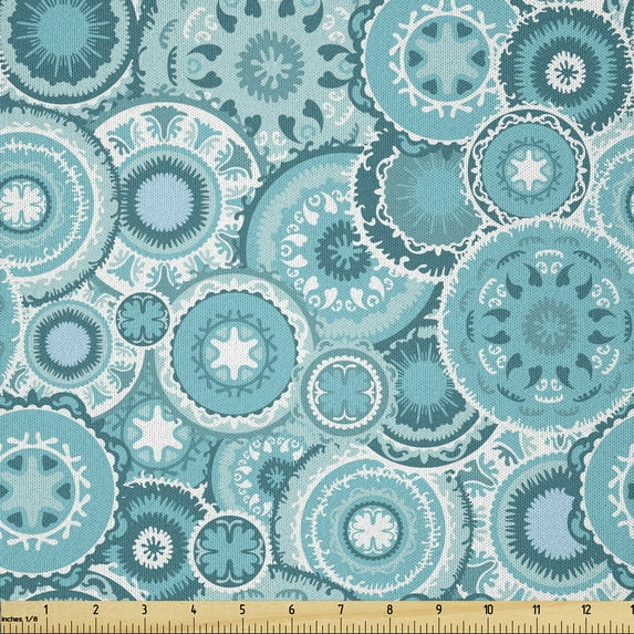 Ambesonne Aqua Fabric by the Yard Microfiber, Mandala Round, 3 Yards, Turquoise Teal White