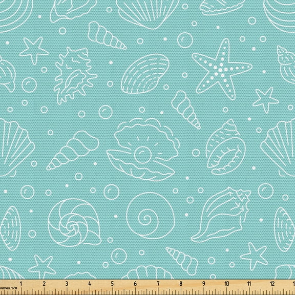 Ambesonne Aqua Fabric by the Yard Upholstery, Seashell Oyster Scallop Art, 1 Yard, Seafoam White Teal