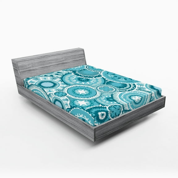 Ambesonne Aqua Fitted Sheet 2 Pcs Set, Mandala Round, King, Turquoise Teal White