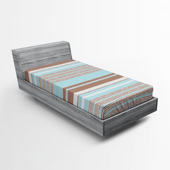 Ambesonne Aqua Fitted Sheet, Horizontal Stripes Lines, Twin XL Size, Seafoam Umber and White