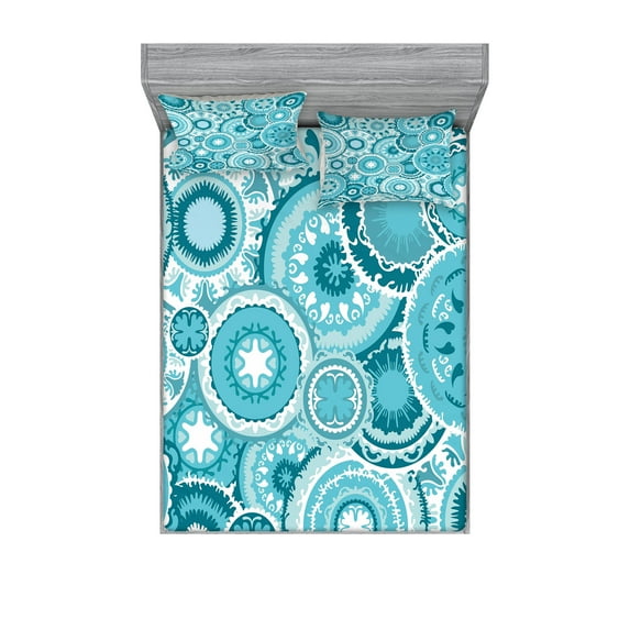 Ambesonne Aqua Fitted Sheet & Pillow Sham Set, Mandala Round, Queen, Turquoise Teal White