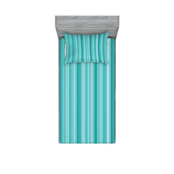 Ambesonne Aqua Fitted Sheet & Pillow Sham Set, Ocean Inspired Blue Lines, Twinxl, Turquoise Pale Blue