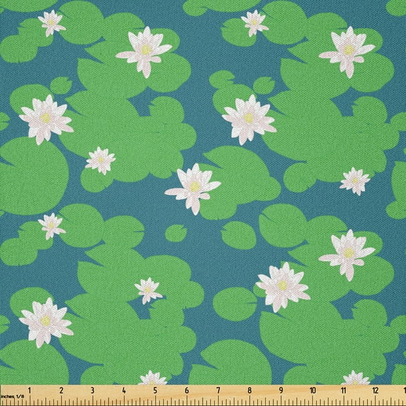 Ambesonne Aqua Flowers Fabric by the Yard Microfiber, Pastel Lotus Blossoms, 1 Yard, Dark Turquoise and Fern Green