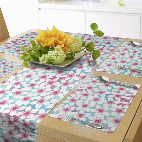 Ambesonne Aqua Flowers Table Runner & Placemats, Plumeria Blossom Art, Placemat 4 pcs + Runner 16"x90", White Blush Turquoise