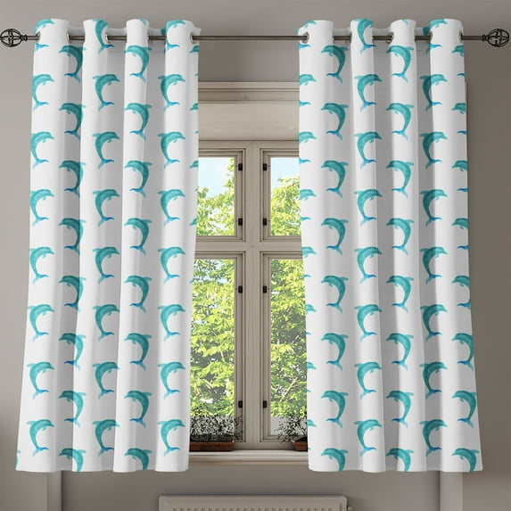Ambesonne Aqua Grommet Curtain, Jumping Dolphin Mammals, 50" x 63", Aqua White