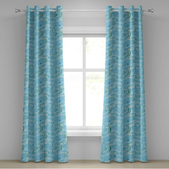 Ambesonne Aqua Grommet Curtain, Sea Horse and Starfishes, 50" x 120", Pale Blue Teal Eggshell