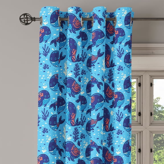 Ambesonne Aqua Grommet Curtain Single Panel, Cartoon Marine Life Whales, 50"x60", Blue White Orange