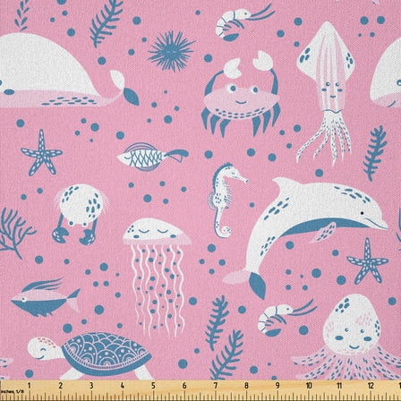 Ambesonne Aqua Jellyfish Fabric by the Yard Microfiber, Life in Marine Style, 2 Yards, Pale Pink and Sea Blue
