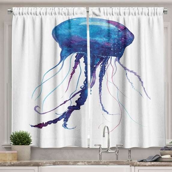 Ambesonne Aqua Jellyfish Kitchen Curtains, Aquatic Creature, 55"x45", Azure Blue and White