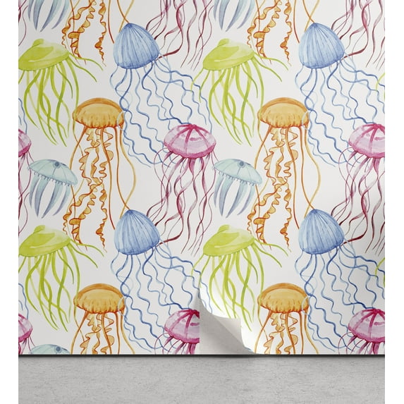 Ambesonne Aqua Jellyfish Peel & Stick Wallpaper for Home, Living Sea Organisms, 13"x36", Multicolor