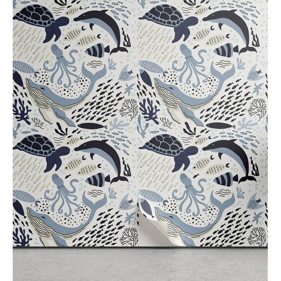 Ambesonne Aqua Jellyfish Peel & Stick Wallpaper for Home, Octopus Coral Turtle, 13"x36", Multicolor