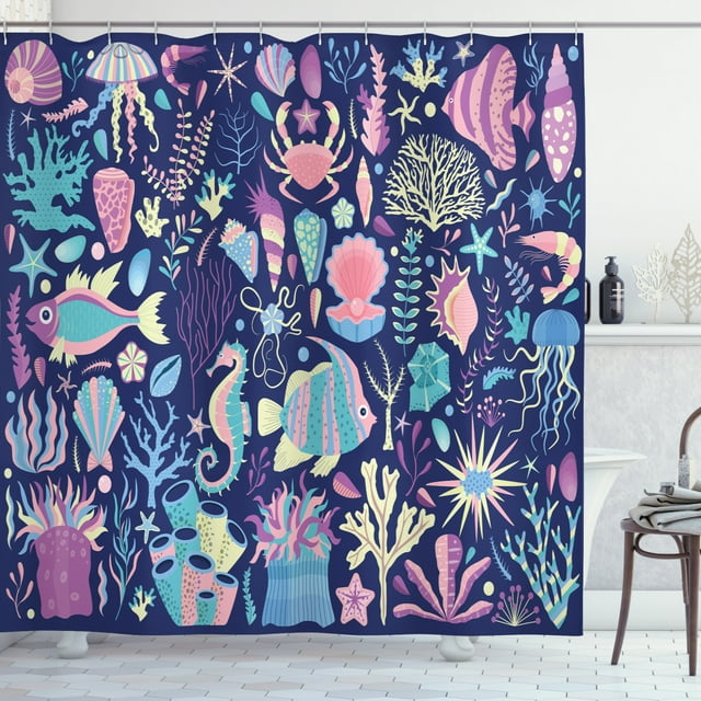 Ambesonne Aqua Jellyfish Shower Curtain, Assorted Underwater, 69"Wx84"L, Night Blue and Multicolor