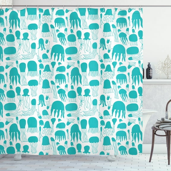 Ambesonne Aqua Jellyfish Shower Curtain, Sea Life Silhouettes, 69"Wx75"L, Dark Seafoam and White