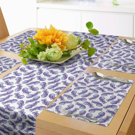 Ambesonne Aqua Jellyfish Table Runner & Placemats, Scattered Fish Type, Placemat 4 pcs + Runner 12"x72", Violet White