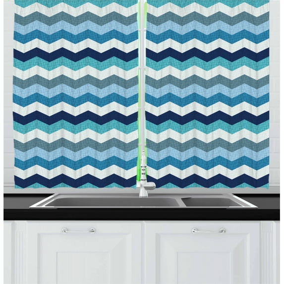 Ambesonne Aqua Kitchen Curtains, Retro Zig Zag Stripes, 55"x39", Pale Blue Navy Blue