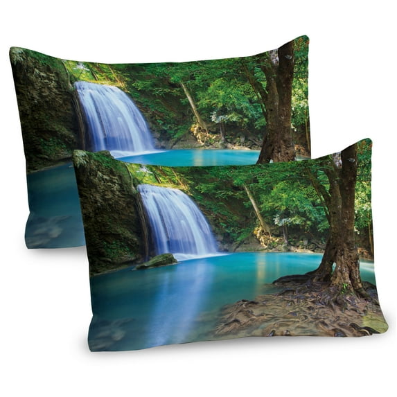 Ambesonne Aqua Pillow Sham 2 Pack, Asia Thailand Jungle Trees, 30"x20", Turquoise Green Brown