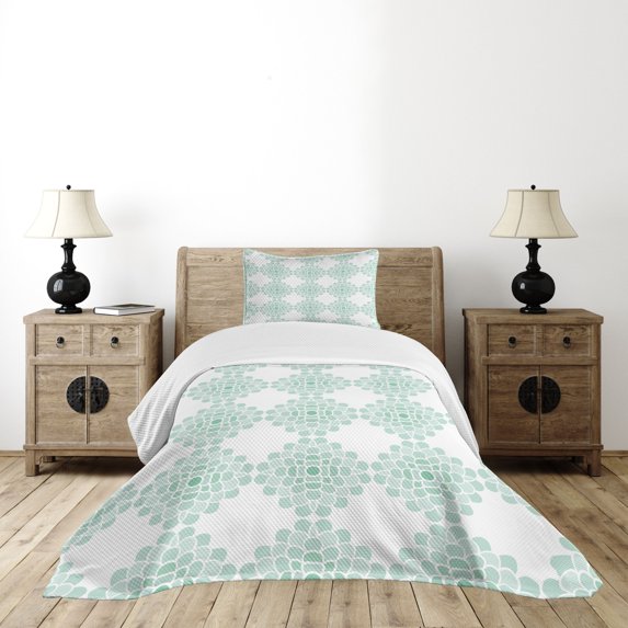 Ambesonne Aqua Quilted Bedspread Set 2 Pcs, Line Stripes Bold and Thin, Twin Size, Seafoam White