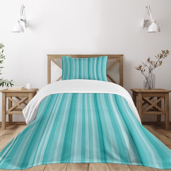 Ambesonne Aqua Quilted Bedspread Set 2 Pcs, Ocean Inspired Blue Lines, Twin Size, Turquoise Pale Blue