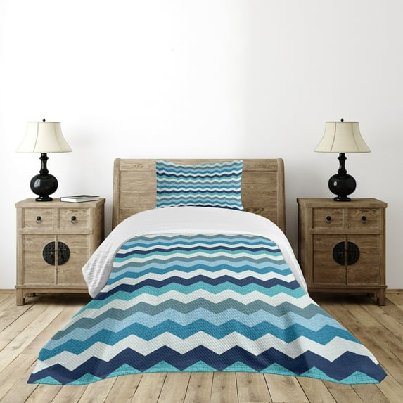 Ambesonne Aqua Quilted Bedspread Set 2 Pcs, Retro Zig Zag Stripes, Twin Size, Pale Blue Navy Blue