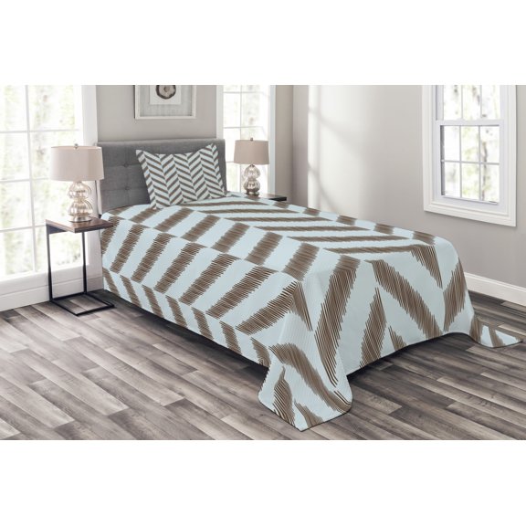 Ambesonne Aqua Quilted Bedspread Set 2 Pcs, Sketchy Chevron Zig Zag, Twin Size, Sky Blue and Brown