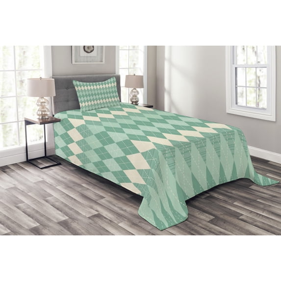 Ambesonne Aqua Quilted Bedspread Set 2 Pcs, Triangle Shapes Abstract, Twin Size, Turquoise Pale Blue
