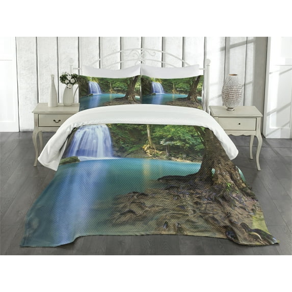 Ambesonne Aqua Quilted Bedspread Set 3 Pcs, Asia Thailand Jungle Trees, Queen Size, Turquoise Green Brown