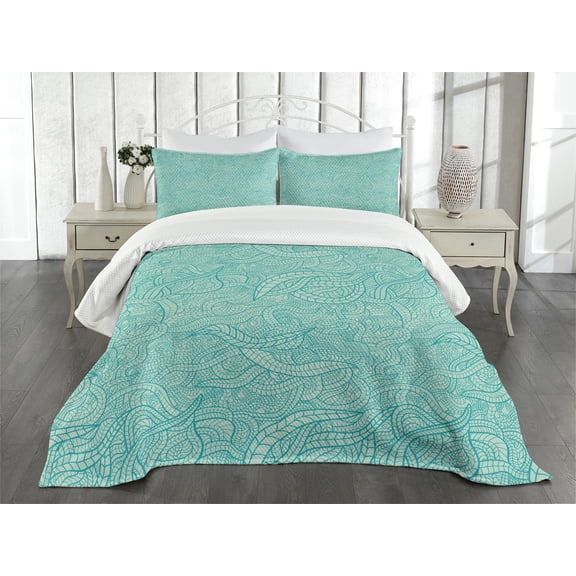 Ambesonne Aqua Quilted Bedspread Set 3 Pcs, Vintage Botanic Leaves, King Size, Turquoise and White