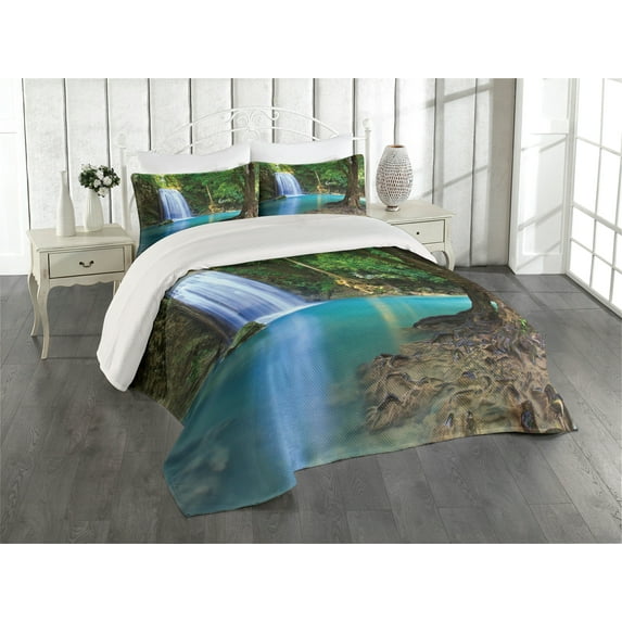 Ambesonne Aqua Quilted Coverlet 3 Pcs, Asia Thailand Jungle Trees, Queen Size, Turquoise Green Brown