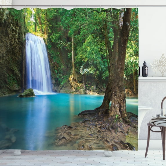 Ambesonne Aqua Shower Curtain, Asia Thailand Jungle Trees, 69"Wx70"L, Turquoise Green Brown