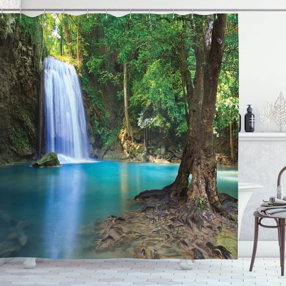 Ambesonne Aqua Shower Curtain, Asia Thailand Jungle Trees, 69"Wx84"L, Turquoise Green Brown