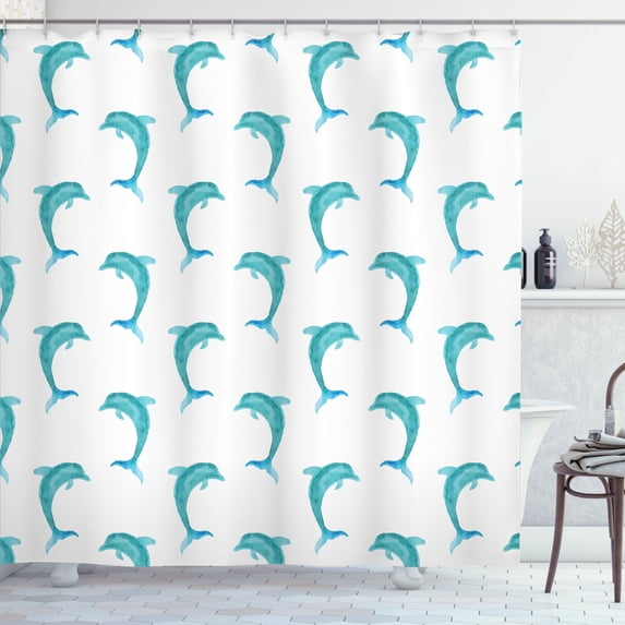 Ambesonne Aqua Shower Curtain, Jumping Dolphin Mammals, 69"Wx75"L, Aqua White