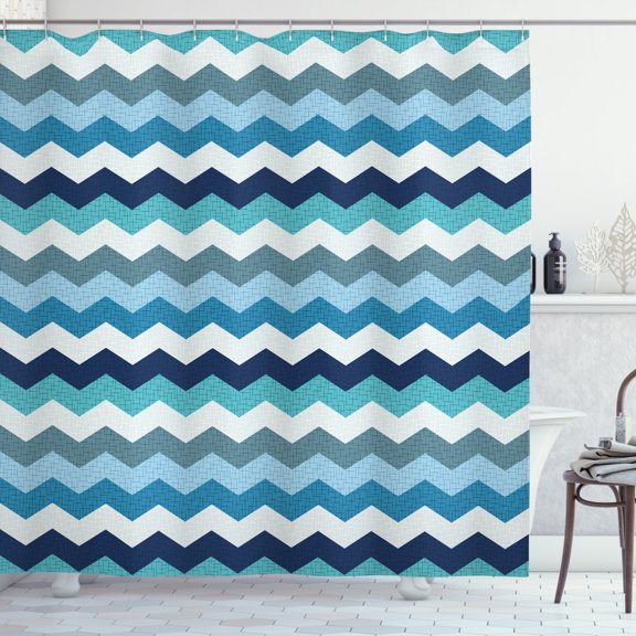 Ambesonne Aqua Shower Curtain, Retro Zig Zag Stripes, 69"Wx75"L, Pale Blue Navy Blue