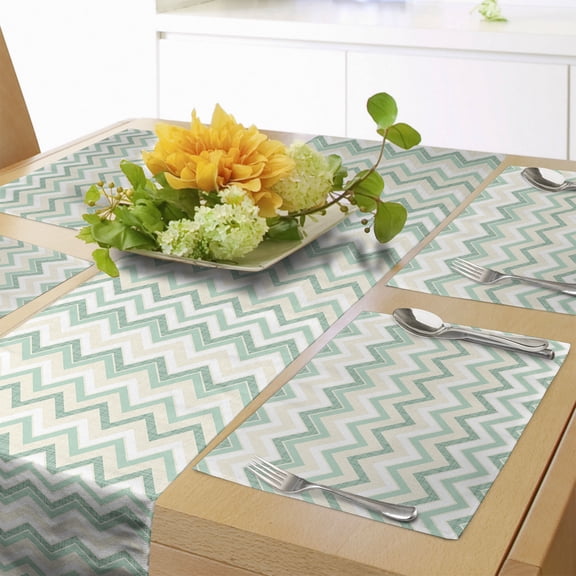 Ambesonne Aqua Table Runner & Placemats, Blurry Abstract Zig Zag, Placemat 4 pcs + Runner 12"x72", Petrol Blue Turquoise
