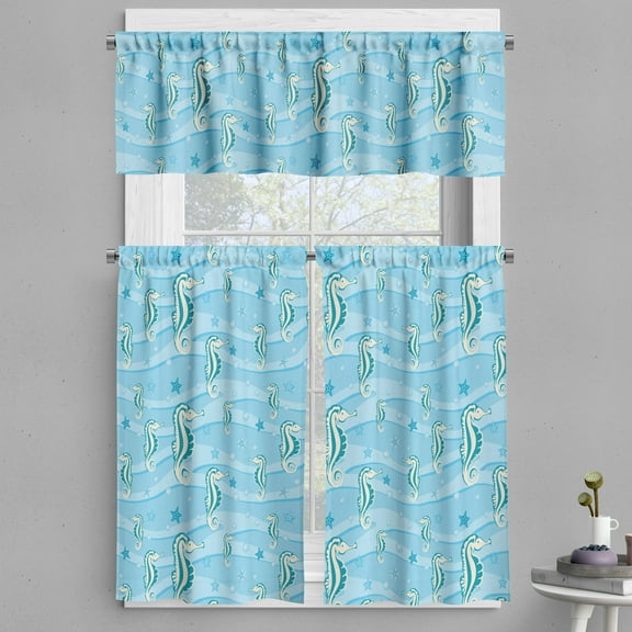 Ambesonne Aqua Valance & Curtain, Sea Horse and Starfishes, 55"x36", Pale Blue Teal Eggshell