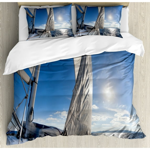 Ambesonne Aqua White Duvet Cover Set, Sailing Boat in Sea, 2-Calking, Blue White