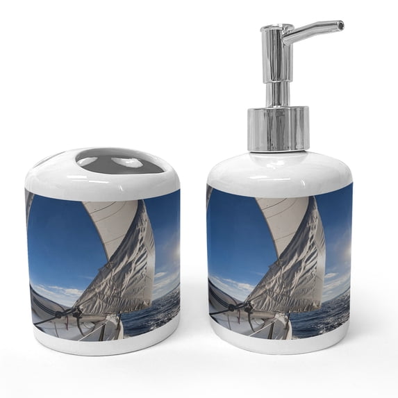 Ambesonne Aqua White Soap Dispenser & Toothbrush Holder Set, Sailing Boat in Sea, 2 Pcs, Blue White