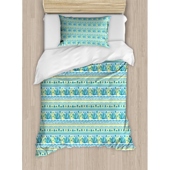 Ambesonne Aqua and Coral Duvet Cover Sets, Striped Jellyfish, 2-Twin, Sea Blue and Pastel Yellow