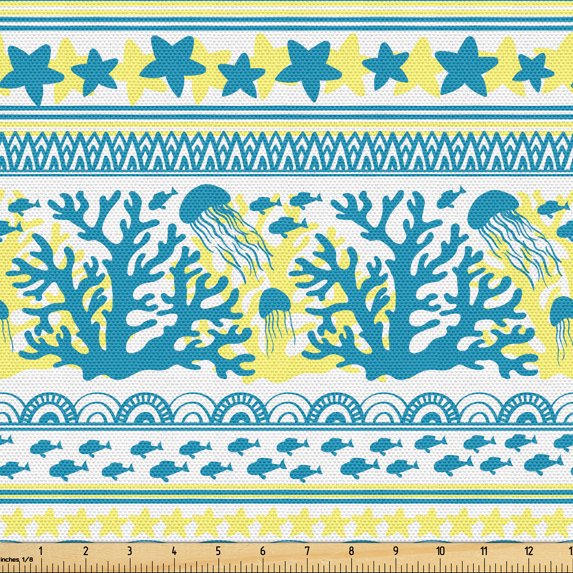 Ambesonne Aqua and Coral Fabric by the Yard Upholstery, Striped Jellyfish, 5 Yards, Sea Blue and Pastel Yellow
