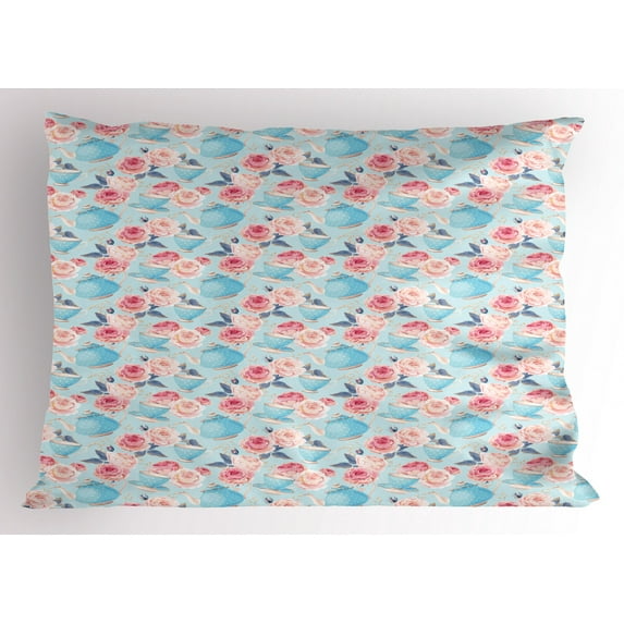Ambesonne Aqua and Coral Pillow Sham, Teapots Roses, 26" X 20", Multicolor