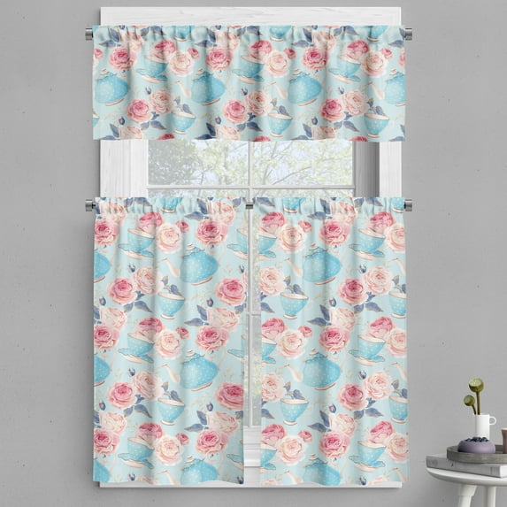 Ambesonne Aqua and Coral Valance & Curtain, Teapots Roses, 55"x30", Multicolor