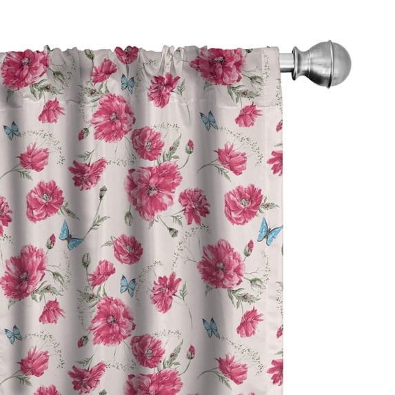 Ambesonne Aqua and Pink Window Curtains, Summer Poppies, Each 28" W x 84" L, Aqua Pink and Pale Pink