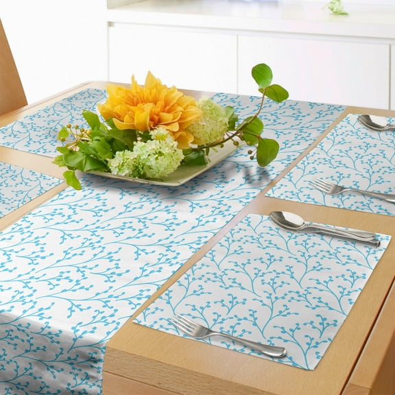 Ambesonne Aqua and White Table Runner & Placemats, Berry Branches, Placemat 4 pcs + Runner 12"x72", Aqua and White